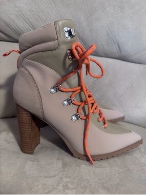 Steve Madden Beige and Orange Lace-Up Block Heel Ankle Boots
